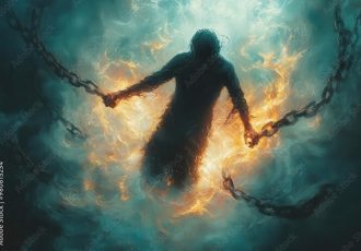 dramatic spiritual warfare scene silhouetted figure breaking free from shadowy chains surrounded by ethereal light battling encroaching darkness powerful allegory of inner struggle